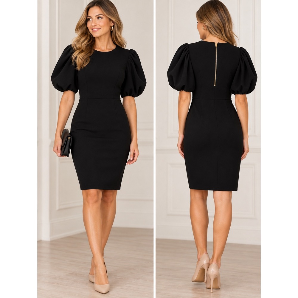 Alexia Admor Sheath Dress Womens L Black Puff Sleeve Midi Back Zip LBD Elegant
